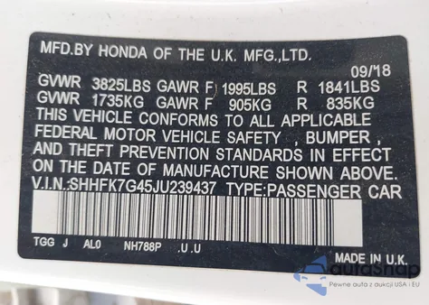 2018 Honda Civic Sport from USA, damaged, VIN SHHFK7G45JU239437